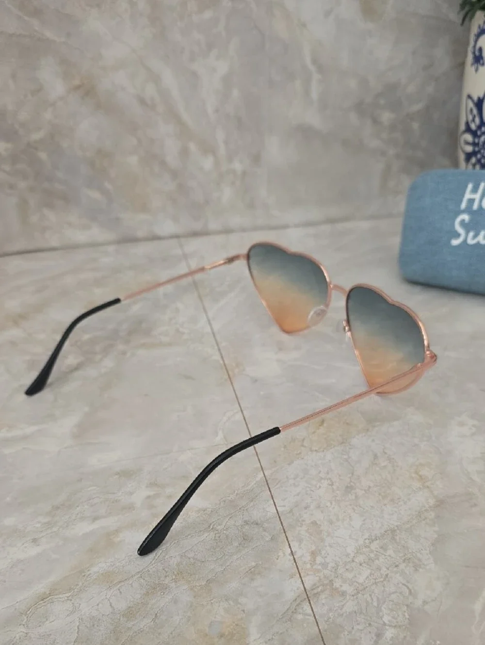 Y2K Festival Rose Gold Heart Sunglasses & Denim Case Set